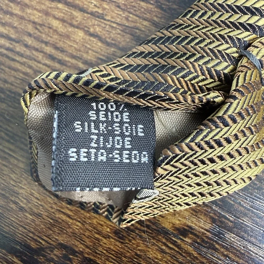 Mens Italian Silk Neck‎ Tie Gold Brown Black Herringbone Geometric